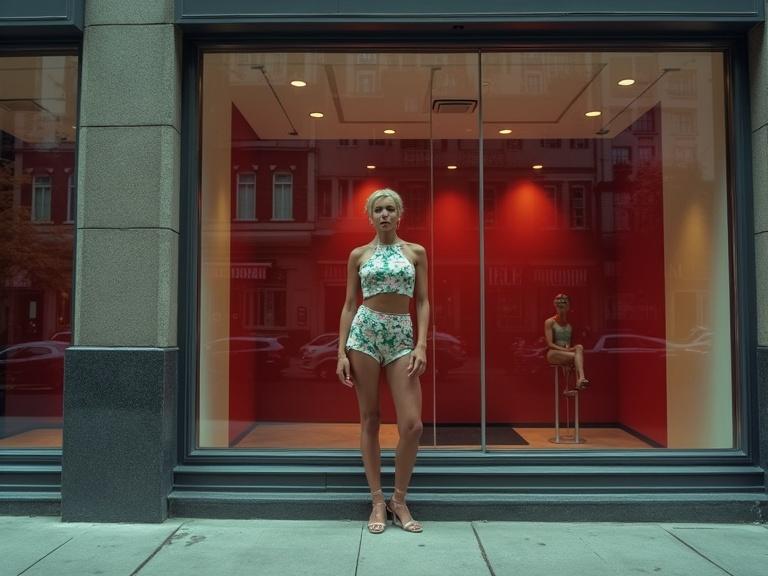 Wide angle shot of a red-light district building facade with large glass windows. Urban street visible with soft daylight. Men seen in floral crop tops and heels inside through the glass. Reflections on the glass. Subject is off-center, building details emphasized.