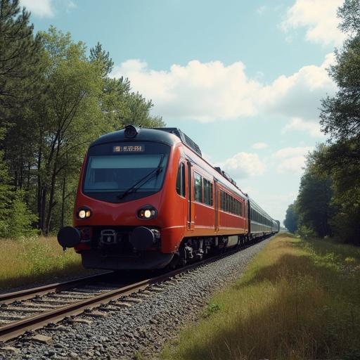 Train travels along the track through green landscape. Red train stands out against the greenery. Sky has clouds.