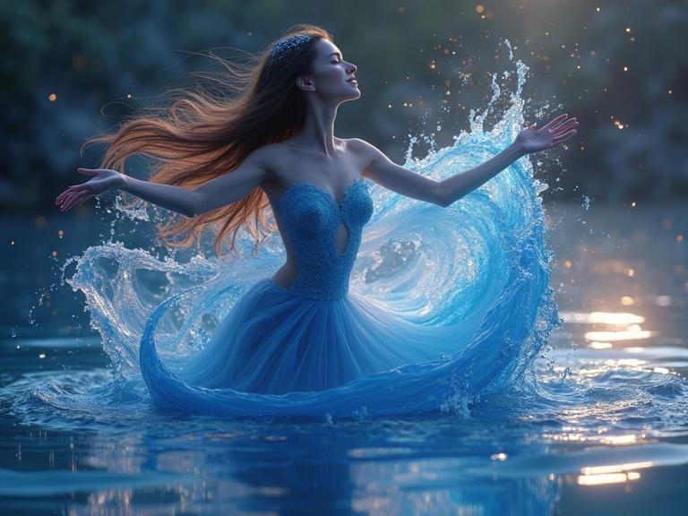 A dancer in a blue dress creates a swirling water effect. The scene captures twilight hues and fireflies. The dancer's hair flows like sapphire, creating a surreal atmosphere.