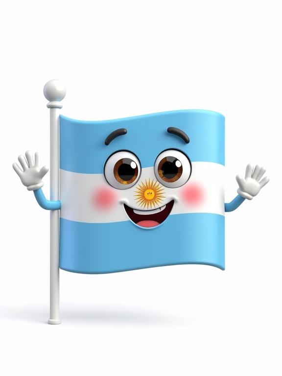 A cute animated flag of Argentina with big cartoon eyes and a happy smile. The flag has small arms and is waving hello in a friendly pose. Bright 3D style with a white background designed for children animation.