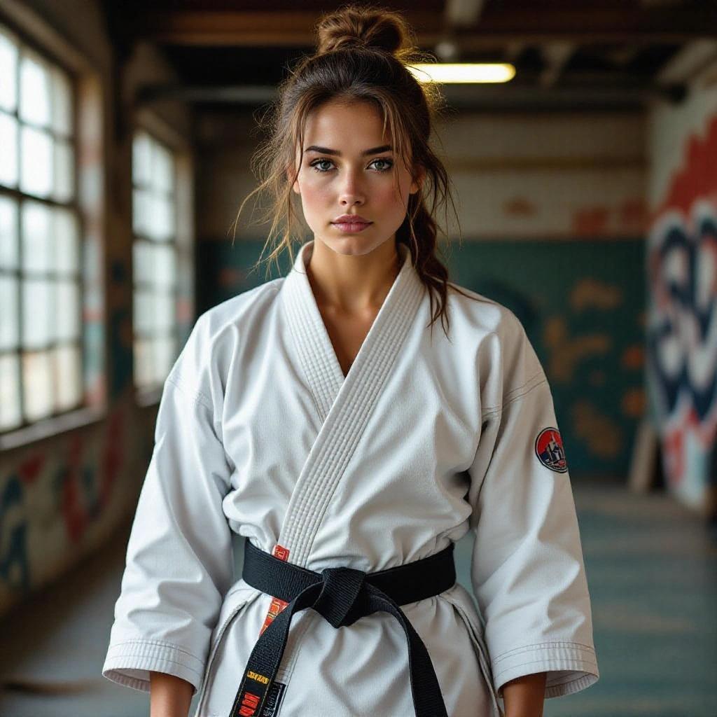 Young athletic woman stands confidently in a worn-out karate gi