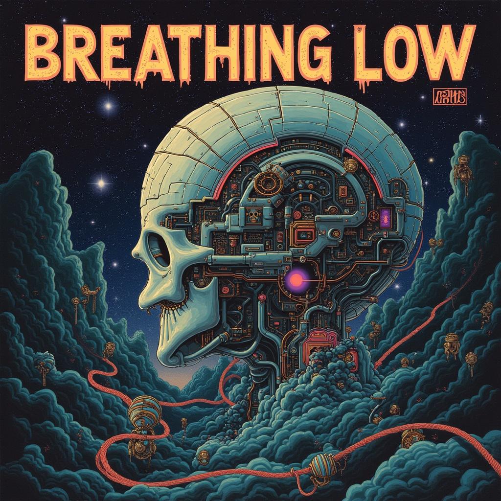 Complex futuristic art features a stylized skull entwined with technology against a cosmic backdrop. Includes the text Breathing Low.