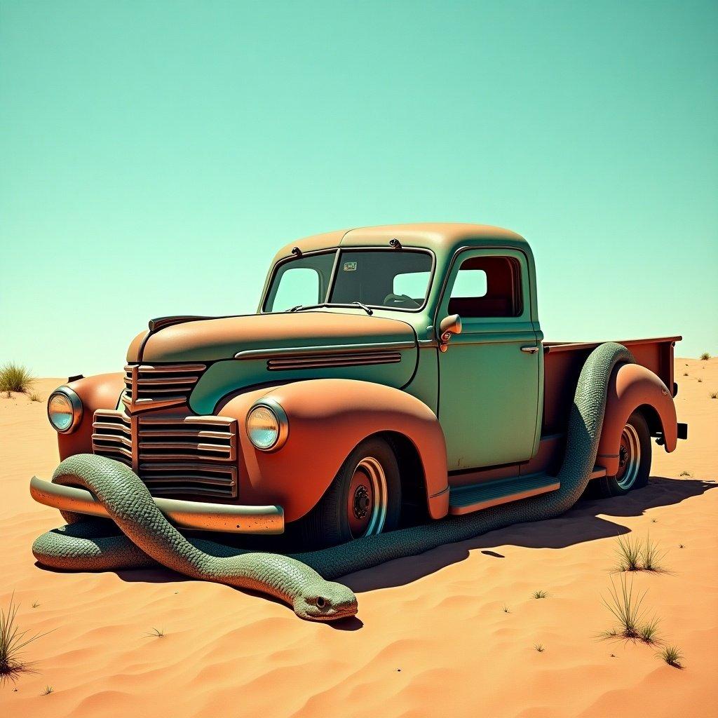 The image features a vintage truck that appears to be weathered and rusted, set in a vast desert landscape. The truck is unique in that a large snake is artistically entwined around it, giving it a surreal twist. The color palette consists mainly of muted teals and rusty oranges, creating an intriguing contrast with the sandy backdrop. The lighting is bright and unforgiving, typical of a desert environment, highlighting the textures of the truck and the snake. This artwork captures the essence of abandonment and wild nature.