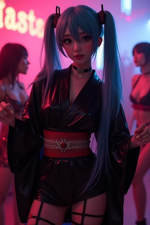 Hatsune Miku performs in a Japanese nightclub atmosphere. She wears a black latex kimono. Background includes dancing women.