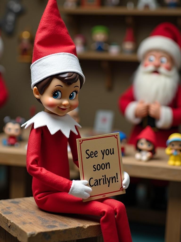 Elf on the shelf in a red outfit with white trim holding a sign that says 'See you soon Carilyn' sitting with Santa in the toy workshop. Funko Pops being made in the background.