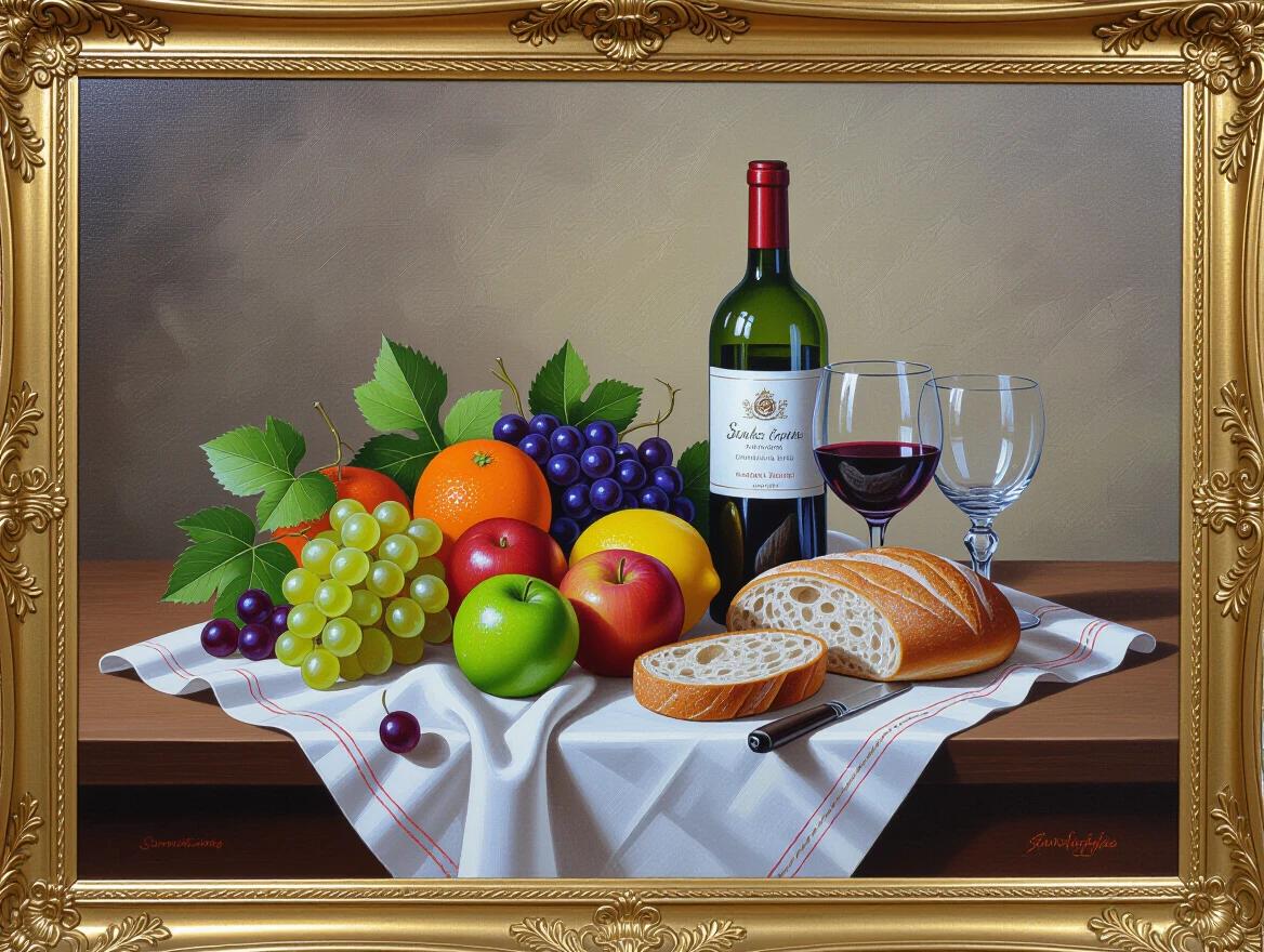 Artwork showcasing a still life arrangement. Features fruit laid out on a table. Includes a bottle of wine, pieces of bread, and two wine glasses in an aesthetic composition.