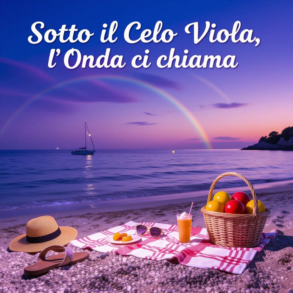 Vibrant cover for a summer music album. Italian beach at twilight with a deep violet sky merging with calm sea. Glimmering sand under sunset light. Summer items scattered like sandals and a melting ice cream. In foreground, elements representing nightlife: raised champagne glasses, neon lights illuminating scene, DJ headphones indicating reggaeton vibe. Background features silhouette of Rimini coastal promenade, distant view of Vesuvio emblematic of Napoli. Title 'Estate senza fine' and artist name 'Stefano Parisi'.