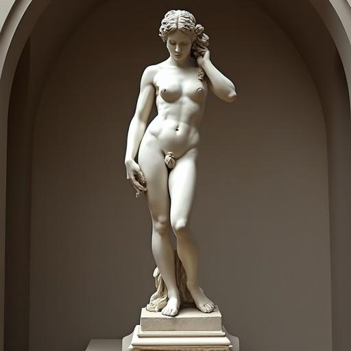 Neoclassical marble statue of a female figure. Standing in straddle position. Realistic stone texture. Soft lighting. Museum background. Artistic nude in classical Renaissance style. Focusing on form and proportion.