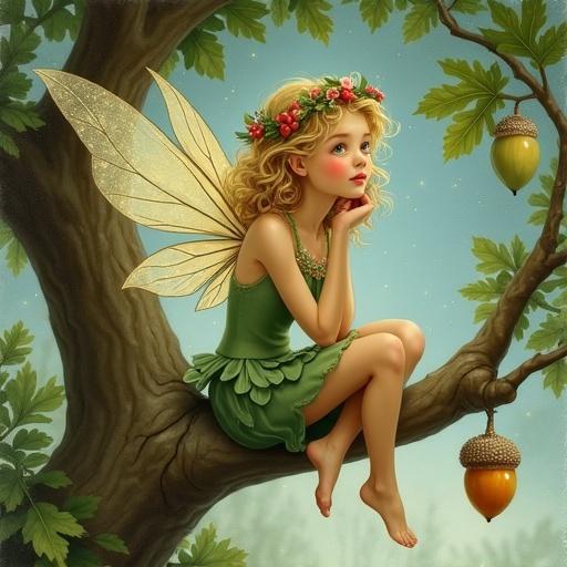 A charming fairy with blonde curly hair sits on a thick oak branch. She is adorned with a crown of red berries and flowers. Her gauzy wings shimmer with iridescent glitter. She wears a flowing green dress and dangles her bare feet. She gazes into the distance with a thoughtful pose. The background is filled with deep green oak leaves and a soft blue-grey sky. Plump acorns hang from branches. The image evokes vintage fantasy illustration with soft textures and warm colors.