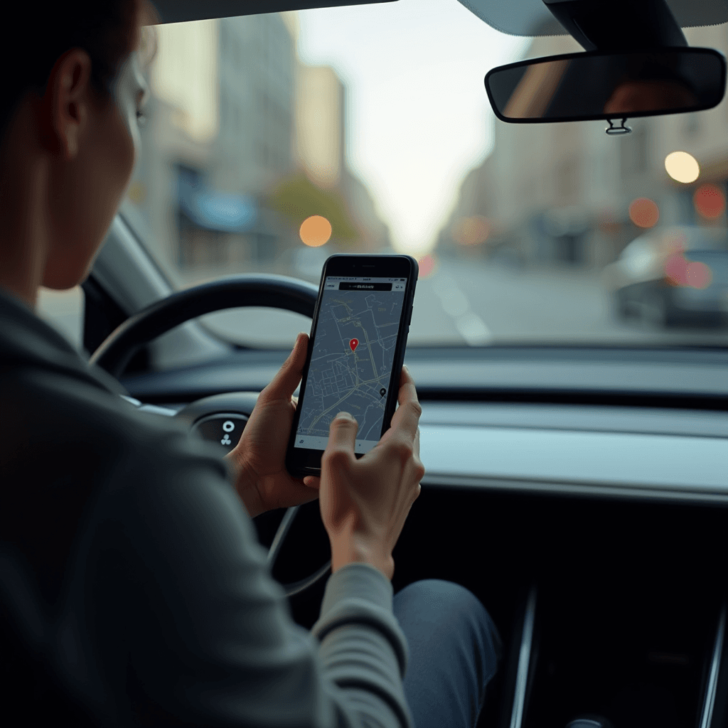 A person in a car using a smartphone map application while driving through blurred urban streets.