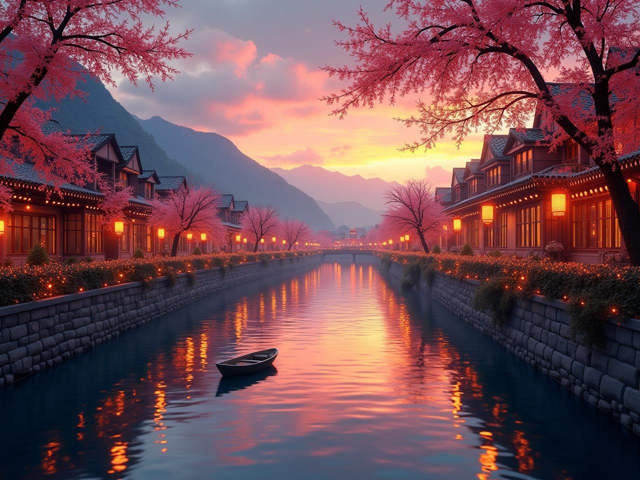 The scene features a serene riverside view at sunset, with vibrant colors reflecting off the water. Extend the width of the image to include more of the charming architecture along the river. Add a small boat gently floating on the water, enhancing the tranquil atmosphere. Decorate the surroundings with Christmas ornaments that are twinkling with lights, infusing a festive feel to the picturesque setting. The architecture includes traditional buildings, with lanterns hanging down, casting a warm glow as the sun sets behind the distant mountains.