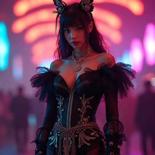 High fashion photograph features model in luxury couture attire. Edgy anime-inspired outfit enhances the scene. Background filled with vibrant colors creates a surreal atmosphere. Model displays confidence and attitude in a striking pose. Ideal for fantasy fashion editorial.
