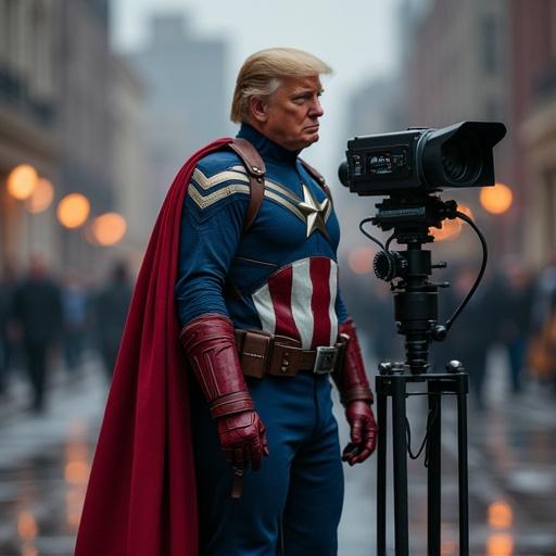 Donald Trump depicted as Captain America standing beside an IMAX camera rig in an urban environment.