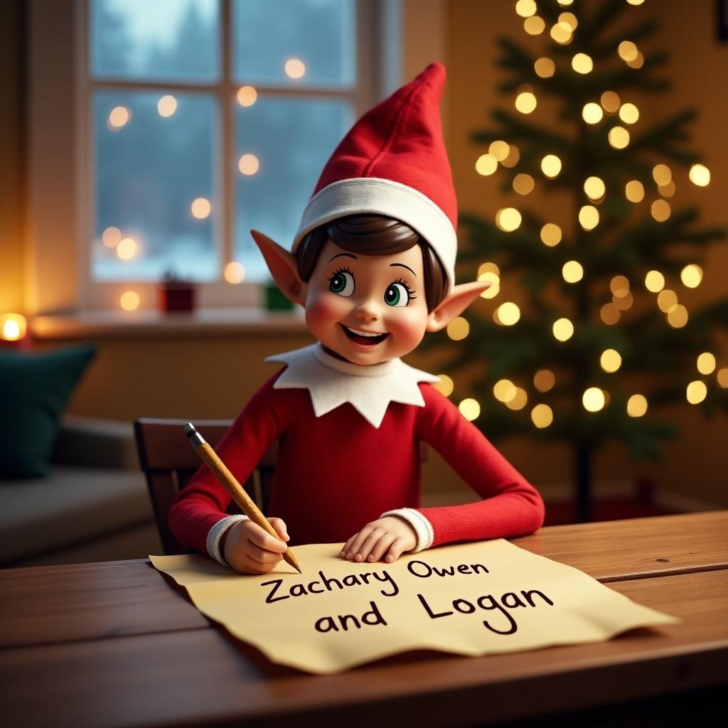 Cheerful elf sitting at wooden table writing on parchment. Elf in red outfit with white collar and hat. Writing names Zachary Owen and Logan. Cozy festive setting with fairy lights and decorated Christmas tree. Soft warm lighting enhancing holiday atmosphere.