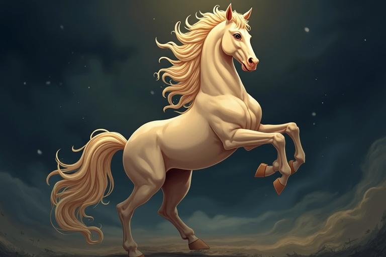Anime-style illustration of a palomino horse rearing against a dark, swirling background. Features flowing mane and tail. Dynamic pose.