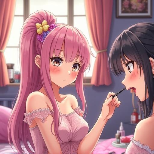 Flustered 20-year-old in pink dress. Cheeks red with embarrassment. Two giggling girls apply eyeshadow. Cozy pastel bedroom. Sparkling makeup and hair curlers. Vibrant anime art style. Expressive faces and playful vibe.