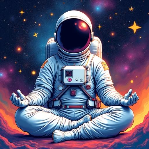 Vibrant line art illustration of an astronaut meditating in lotus position among cosmic dust and constellations. Intricate spacesuit with detailed lines, helmet reflecting nebula colors. Bold linework with varying weights. Striking color contrast of deep blues purples and oranges with yellow and pink accents. Art Nouveau and cosmic surrealism style. Subtle geometric patterns in nebula. Balanced composition for t-shirt and poster formats.