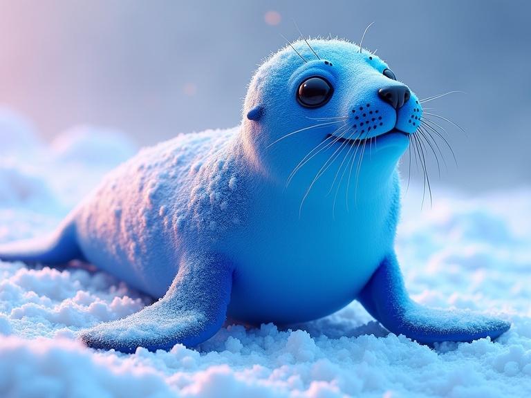 3D illustration of a seal in neon blue colors. Set against a snowy polar background. Vibrant, funny, and ultra-realistic design. High contrast with white snow.