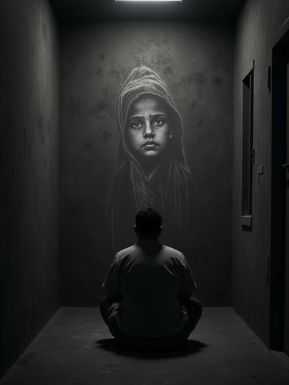 Create a dramatic movie poster about a Palestinian prisoner in solitary confinement. The prisoner sits on the floor in a gray room. He remembers his daughter and imagines her image on the wall. The atmosphere is mysterious and cinematic, with a focus on emotional depth and isolation.