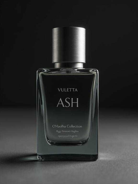 Niche luxury perfume bottle for ASH part of O'Háodha Collection by Aaron Terence Hughes. Glass bottle with VULETTA in modern minimalist font at the top in muted pewter. Below it, ASH in uppercase, followed by O'Háodha Collection by Aaron Terence Hughes in slate-gray lettering. Brushed pewter cap on top. Studio background with matte charcoal gradient and soft overhead glow. Textural, modern, and sophisticated.