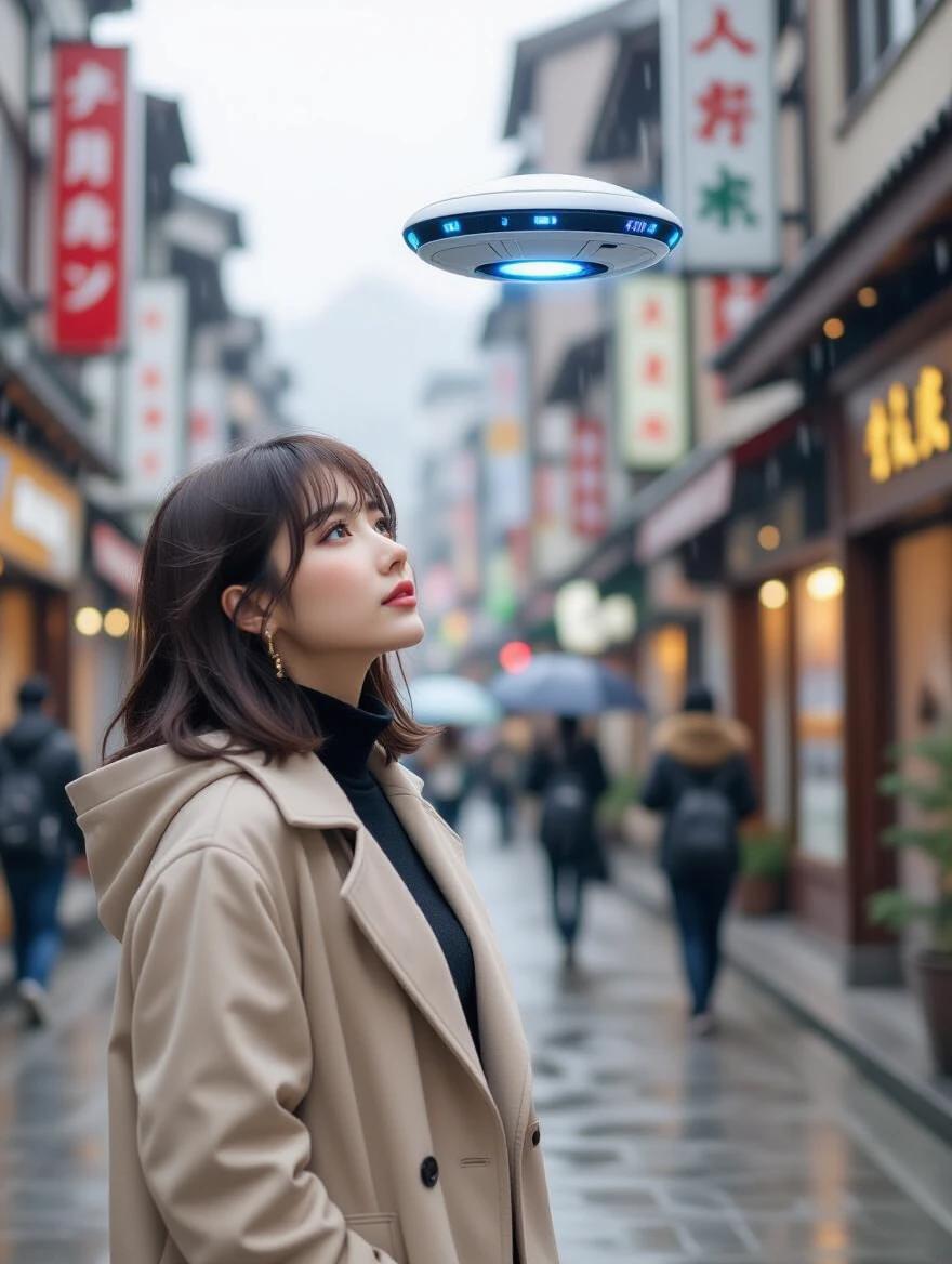 KIRA looks up at a hovering vehicle in a city street. Her expression is serious. Rain drips from her hat brim. A holographic device is in her right hand. Left hand wipes rain from her face. The device lights up with blue patterns, illuminating her half face.