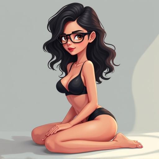 Seductive woman with long wavy hair and alluring body in lingerie attire. Short dark hair and slim physique. Light gray background. Modern 3D kawaii style. Captivating gaze, illuminated with natural light.