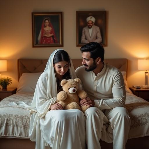 Wealthy Pakistani couple sits in luxurious bedroom. The wife wears traditional shalwar kameez with a dupatta, holds a teddy bear, showing sadness. The husband, in a simple shalwar kameez, comforts her gently. A wedding photo hangs on the wall, capturing their joyful past.