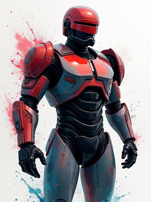 Robot in futuristic armor with red and black color scheme. Abstract splash background in turquoise and red. Sci-fi theme with emphasis on action and technology.