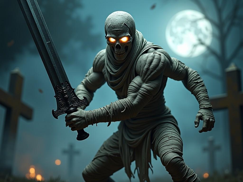 Amidst a misty graveyard under the full moon, a menacing figure stands poised with a large sword. This character, with glowing eyes, is wrapped in linen-like garments reminiscent of a mummy. The eerie atmosphere is amplified by the moonlight and silhouettes of gravestones and barren trees in the background.