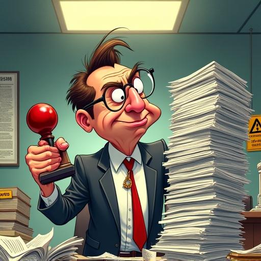 Cartoonish caricature of a male bureaucrat with wild eyes and round glasses. Manic expression with tense face and slight smirk. Right hand slamming down a giant red ink stamp. Left hand holds a huge stack of printed documents. Tight white shirt and crumpled dark suit jacket. Tie shaped like a noose. Chaotic office background with paper stacks and warning signs. Stylish editorial cartoon with bold lines and exaggerated proportions.