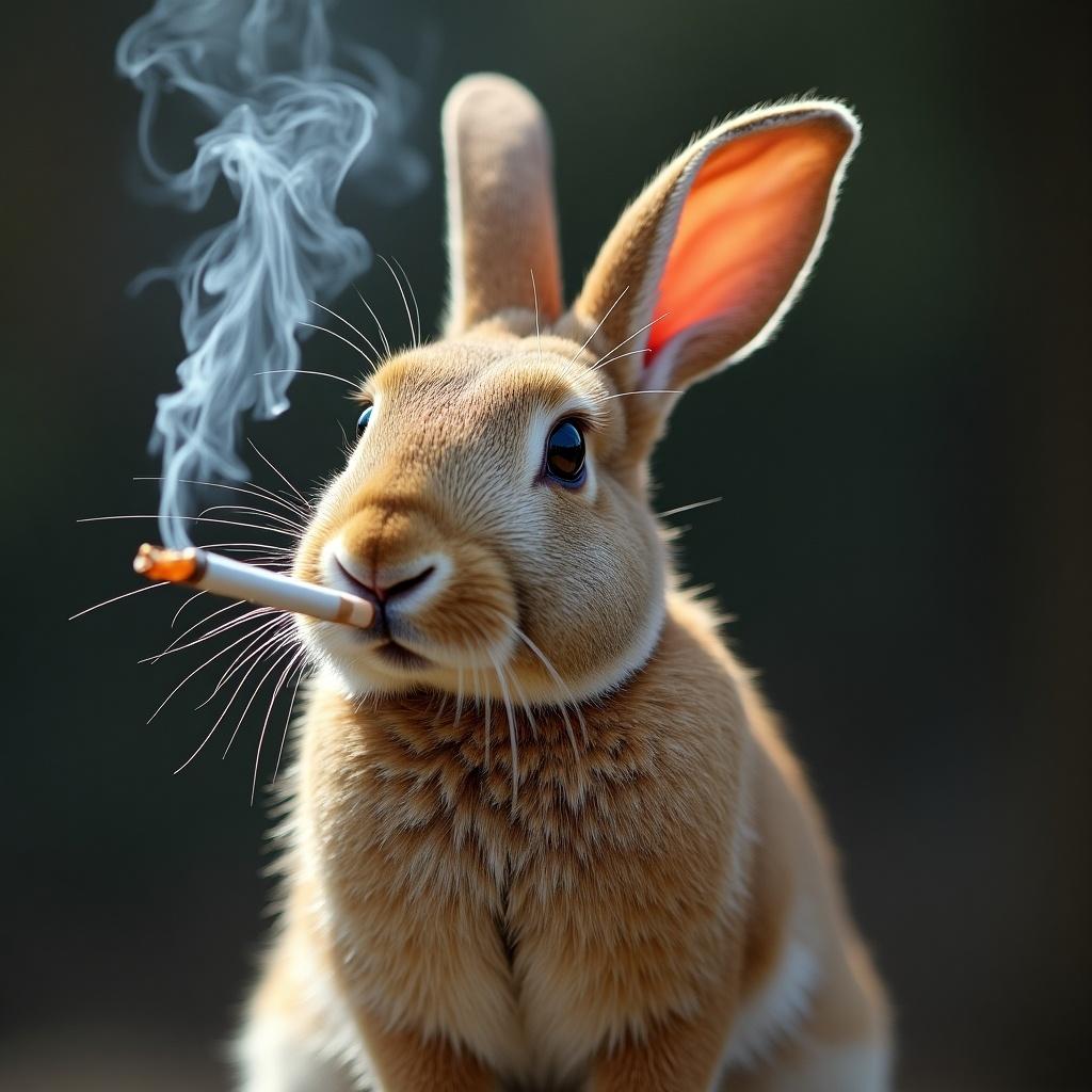 A rabbit holds a cigarette in its mouth. The rabbit has large ears and soft fur. Smoke is wafting from the cigarette. This humorous scene shows a quirky take on animal behavior. The background is blurred.