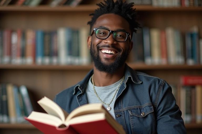 Black male university student holding an open book in a library. Bookshelves are visible in the background. The student has an engaged expression. He wears casual clothing and a necklace.