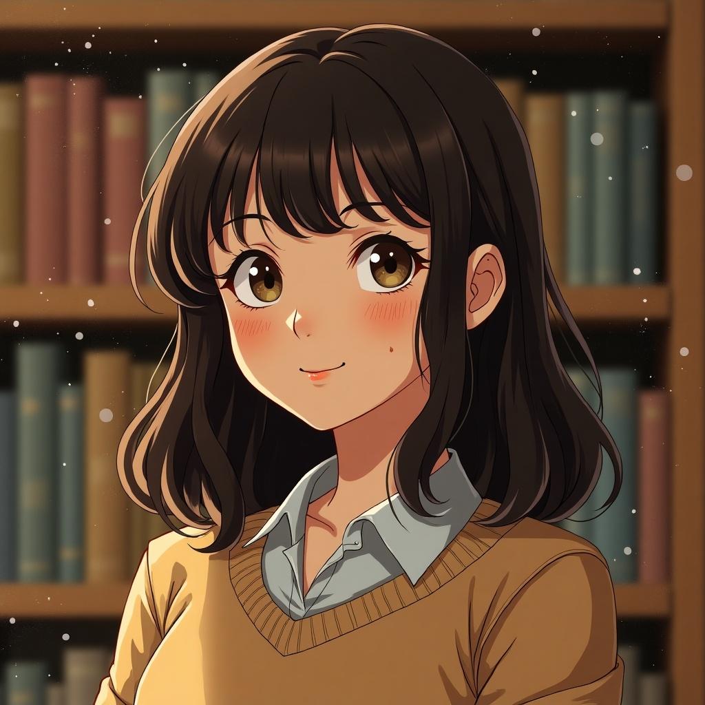 Create an illustration of a character named Eliza in manhwa style with a serene expression. Focus on facial details and a soft background featuring bookshelves. Eliza has medium brown hair with warm highlights, wearing a comfy sweater. The lighting is warm and inviting, enhancing the cozy library feel.