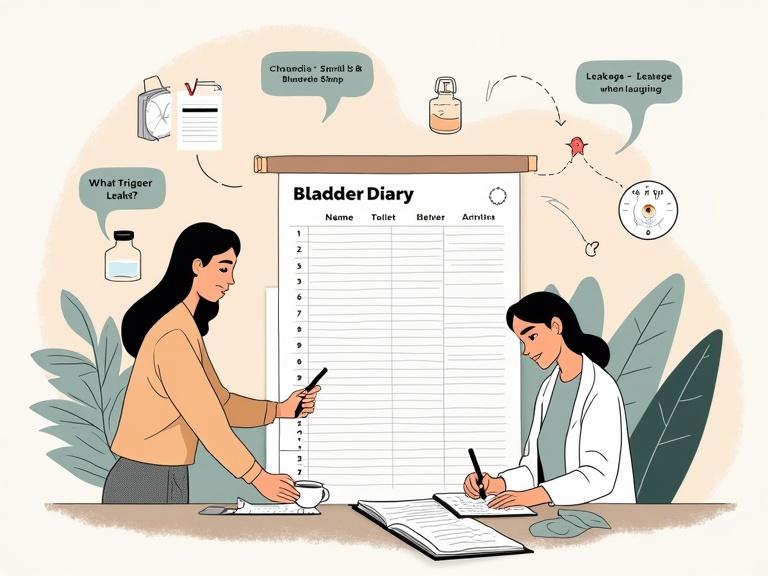 An educational image depicting a bladder diary in action with filled entries on a table. Includes a water bottle and coffee cup. Features a measuring cup under the toilet and a clock. Small icons show activities like coughing and running. A person writes in the diary with focus. Text bubbles ask about triggers and fluid intake with connecting arrows to insights. Use soft colors and clear line art.