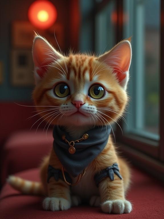 Little cat with large eyes and a scarf near a window. Cat has orange fur. Soft red lighting in the background.