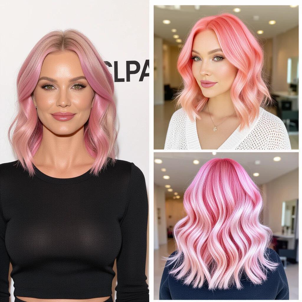 A woman with pink hair styled in various ways. Hair looks vibrant and trendy. Some hairstyles are wavy while others are straight. The image shows three different angles of the hair.