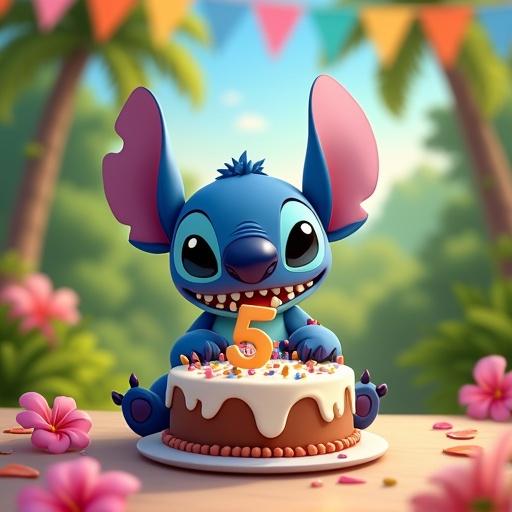 Stitch character celebrates with a birthday cake showing number 5. Tropical park setting with colorful flowers and flag decorations.