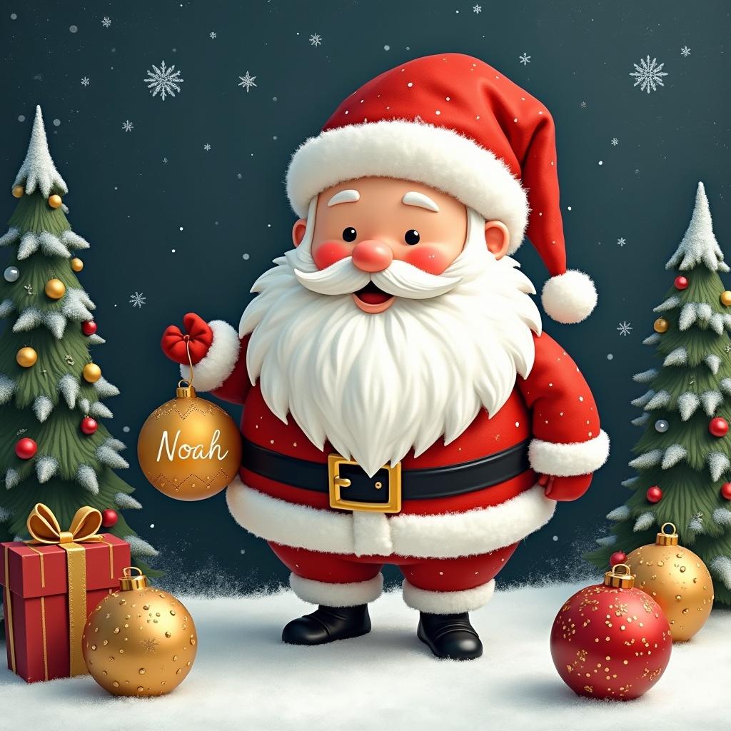 This adorable illustration features Santa Claus in his classic red suit with a fluffy white beard. He is joyfully holding a Christmas bauble with the name 'Noah' written on it. Surrounding him are two evergreen trees adorned with ornaments and snow. Nearby, there are beautifully wrapped gifts and additional golden baubles. The background is a deep blue with falling snowflakes, creating a festive and magical atmosphere. This scene captures the spirit of Christmas and the joy of giving.