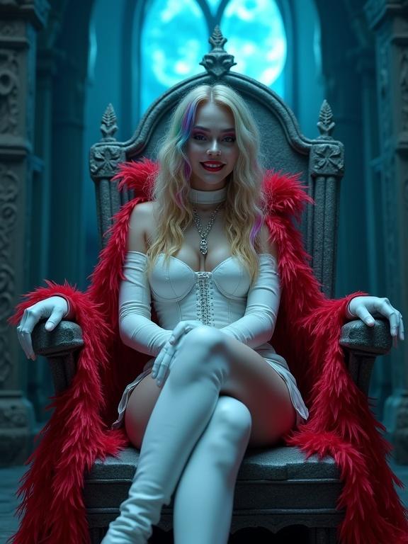 Portrait of a beautiful pale queen vampire with rainbow curly hair sitting on a gothic throne in a crypt. She wears a short white leather outfit, over-knee white boots, white gloves, and a long cape made of red feathers. The scene is illuminated by blue moonlight, and she poses provocatively with a smile showing her vampire teeth. High detail and 8K resolution.