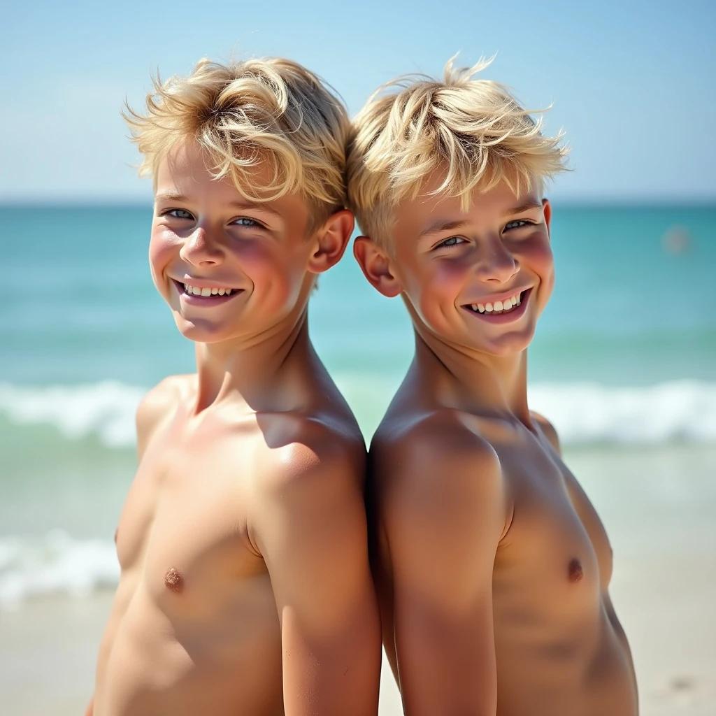 Two blonde boys stand back to back on a beach. They are shirtless and wearing speedo swimsuits, smiling at the camera. The ocean and sandy beach make up the background.