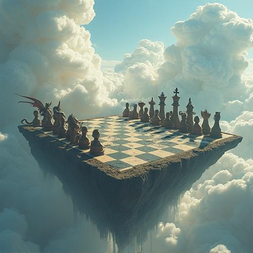 Surrealistic scene featuring giant chessboard in the sky. Mythical creatures like dragons and unicorns as chess pieces. Billowing clouds surround the scene.