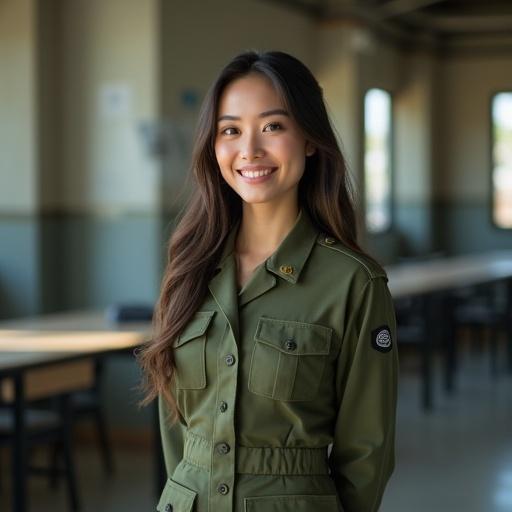 A female military instructor stands in a training ground. She has a warm smile and soft eye contact. Her expression is kind and comforting. She wears a modern military uniform. Her hands are gently behind her back. The atmosphere is cinematic. Natural lighting highlights her detailed face and soft skin texture. The scene has an encouraging and maternal vibe. The instructor embodies calmness and confidence. Ultra detailed and realistic style, 8k resolution.