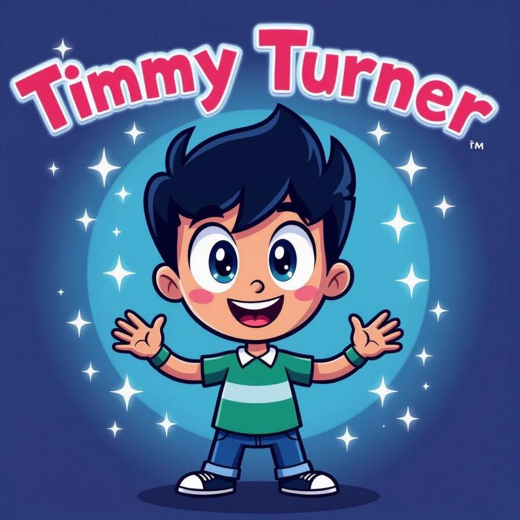 Animation of Timmy Turner character. He has blue eyes and black hair. He wears a green and white striped shirt. Character is smiling and has hands open wide. Background is filled with sparkles and has a blue tone. Title "Timmy Turner" is in pink letters at the top.