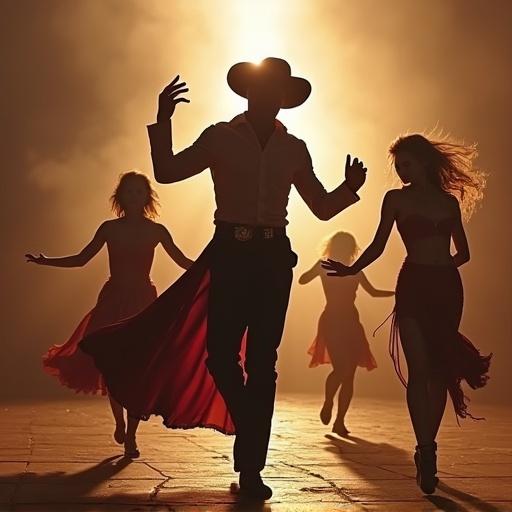 Five dancers perform on a large stage in a cowboy suit. Background has a large silhouette of a cat. The scene is illuminated to create a dramatic effect.