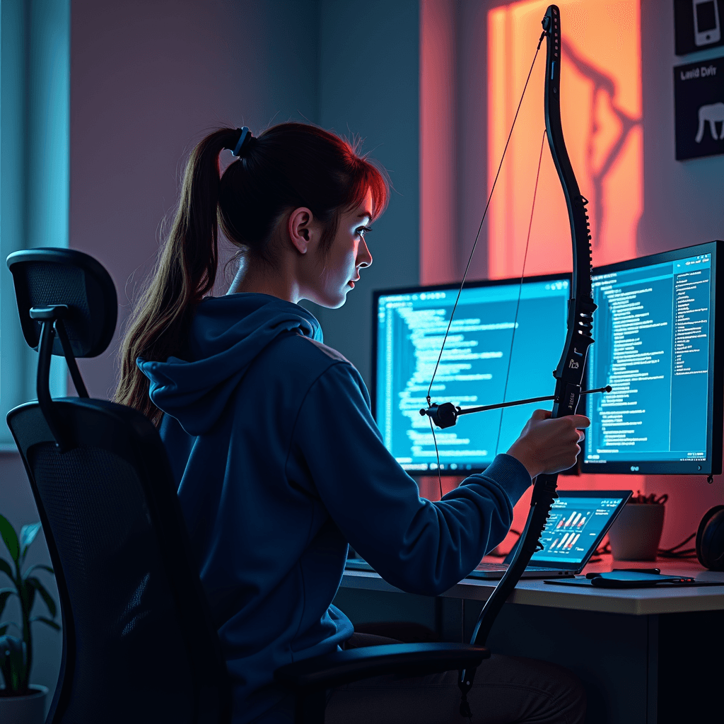 A person holding a bow while working at a computer station with multiple screens.