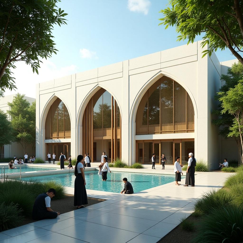 A modern educational institution focusing on Quran and Sunnah. The design features large arched windows and a peaceful courtyard with a pool. Students are engaged in various activities around the space, wearing traditional attire. Surroundings include greenery and open spaces for learning.