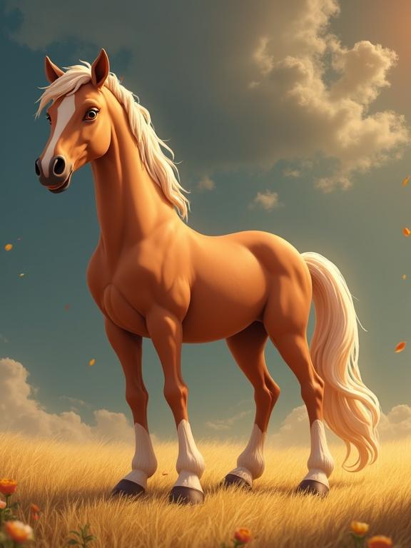 Disney original illustration of a male horse standing confidently with two legs visible. Horse features a sleek body, a flowing mane, and white markings on its legs. Background shows a soft sky with clouds and pastel colors for a whimsical atmosphere.
