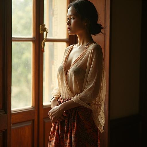 A Javanese village woman stands gracefully by a wooden window. She wears a sheer tulle kebaya blouse and traditional batik wrapped around her hips. Soft light from the side enhances her silhouette. The scene captures warm sunset tones, with bokeh in the background. The wind gently moves the kebaya, suggesting elegance without being sexualized.