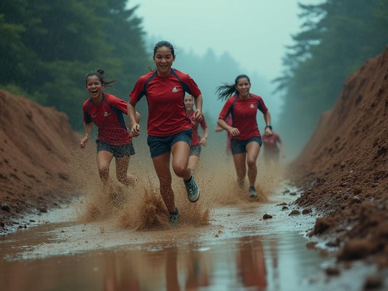 Women running in panic away from mudslide during a storm. The scene captures a dynamic group of athletes in action, splashing in muddy water.