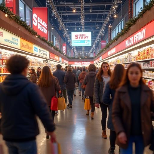 Dynamic scene of Black Friday shopping in busy retail. Diverse shoppers eagerly browsing. Crowded store aisles filled with products. Holiday lighting and decorations present. Realistic human expressions of excitement. Vibrant colors. Photorealistic style. No visible text or logos.